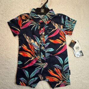 Volcom Navy Tropical Print Romper Button Front Romper NWT- Size 3-6 Months